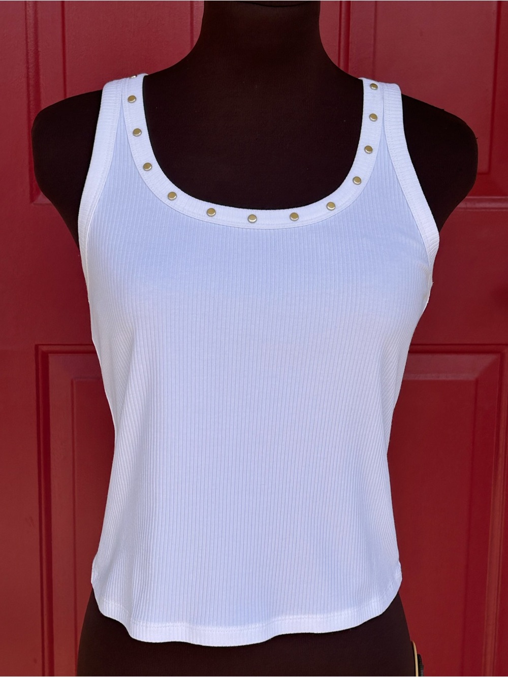 NWT MICHAEL KORS sM Wht Stud-Trim Ribbed Tank-MSRP $88-sltly cropped-scoop neck